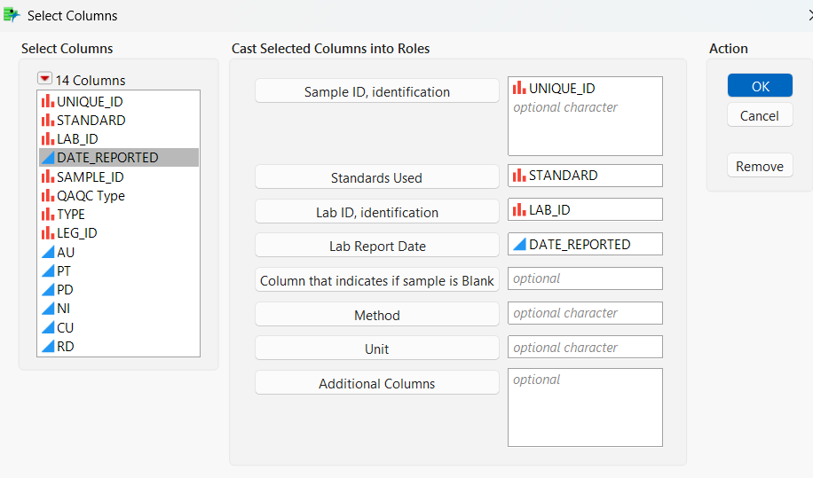 Column role assignment window